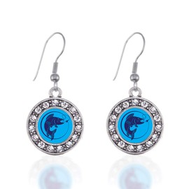 Inspired Silver - Blue Fishing - Silver Dangle Earrings for Women - Circle Charm Earrings French Hook Drop with Cubic Zirconia - Women's Dangly Earrings Jewelry Gift
