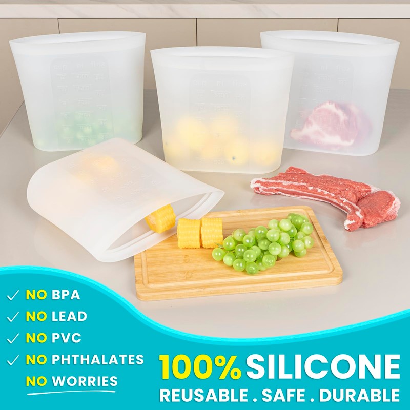 Extra Large Reusable Silicone Food Storage Bags 4 Pack, 0.8