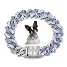 Blue Dog Necklace, Diamond Cuban Link Bling Dog Collars Glitter Chain Rhinestone Dog Collar for for Small Medium Large Pet Dogs, 16-Inch