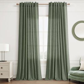 Joywell Green Linen Curtains 102 Inches Long Cottage Core Curtains Decorations Living Room Boho Bedroom Decor Hook Belt Back Tab Rod Pocket Drapes for Ceiling Track System Emerald Dark Green