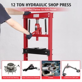 12-Ton Hydraulic Shop Press, Heavy Duty Benchtop Hydraulic Shop Press with 2 Press Plates, H-Frame Pneumatic Shop Press Adjustable Height,Red