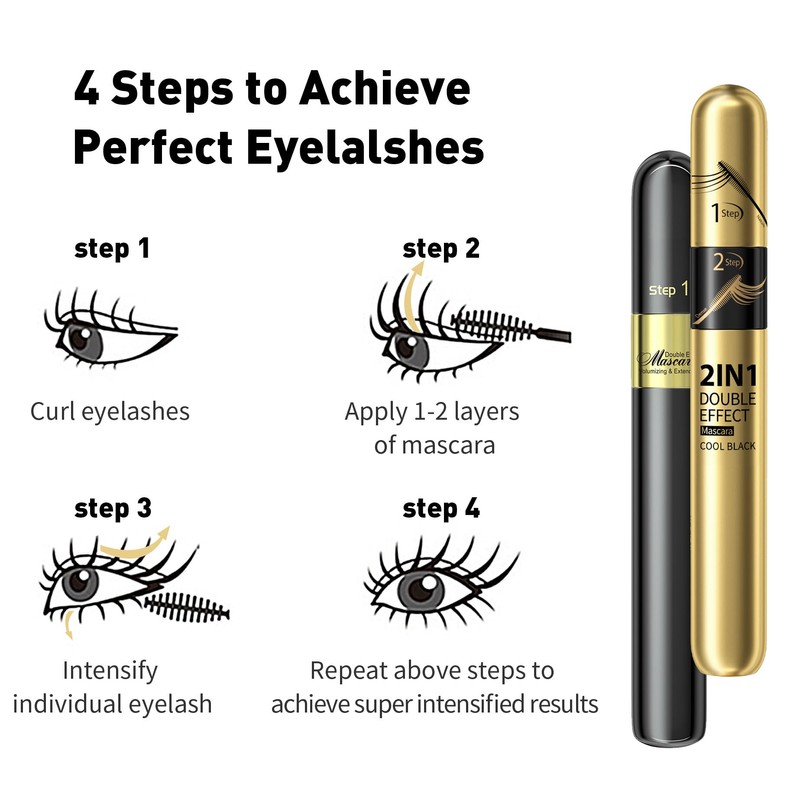 2Pcs Double Effect Mascara, Curling and Intensifying, Waterproof, Black