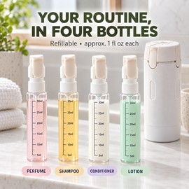 4 in 1 Travel Liquid Dispenser Refillable 1 fl oz Bottles with Labels for Perfume Shampoo Lotion Cosmetics