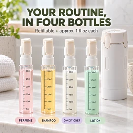 4 in 1 Travel Liquid Dispenser Refillable 1 fl oz Bottles with Labels for Shampoo Lotion Cosmetics
