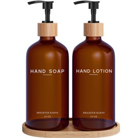 Amber Glass Soap Dispenser Bathroom Set by Brighter Barns - Soap and Lotion Dispenser Bathroom Set with Tray- Liquid Hand Soap Dispenser and Pump - Bamboo Home Accessories & Modern Bathroom Decor