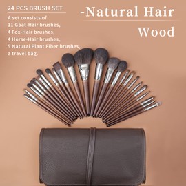 Natural Horse Hair Fox Hair Goat Hair Brush 24 Pieces with Roll Bag by Luxury ENZO KEN, Extra Soft Essential Brushes for Contour, Face, Eyes, Eyeshadow, Bronzer, Concealer Blending