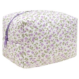 KOTORA Floral Makeup Bag Quilted Cosmetic Bag Puffy Coquette Makeup pouch Aesthetic Cute Pink Travel Toiletry Bag Organizer Cotton Makeup Brushes Storage Organizer Bag for Women (Purple)