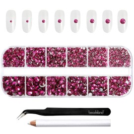 Beadsland Rhinestones for Makeup, 8 Sizes, 2500 Pieces, Crystal Flat Back Rhinestones, Face Gemstones for Nails, Crafts with Tweezers and Wax Pen, Fuchsia, SS4-SS30
