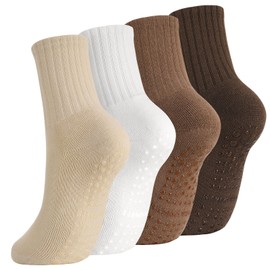 Utensilsto 4 Pairs Pilates Socks Yoga Socks Non-Slip Stopper Socks Women's Grip Socks for Pilates Barre Ballet Dance Fitness Trampoline 35-39, Brown, Coffee, Khaki, White