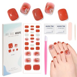 XEAOHESY 26pcs Semi Cured Gel Toe Nail Strips, Pedicure Nail Strips, Toe Nail Stickers, Needs to Be Cured, Come With Nail File, Wood Cuticle Stick, Prep Pads, Plastic Press Stick（Orange Red+Flower）