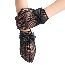 MANJIAMEI Flower Girls Gloves, Short Lace Princess Gloves for Little Girls, Bridesmaids Wedding Dress Gloves, Kids Wrist Length Mesh Gloves with Bowknot Pearl Decor for Evening Pageant Prom