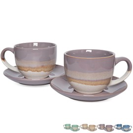 Bosmarlin Ceramic Cappuccino Cup and Saucer Set of 2, 10 Oz, Coffee Cups for Latte, Espresso, Tea, Dishwasher and Microwave Safe (Purple)