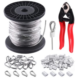 Glarks 72Pcs 1/8" 150ft Stainless Steel Wire Rope Cable Set Includes 8" Heavy Duty Cable Cutter and 50Pcs Aluminum Crimping Loop Sleeve with 20Pcs M3 Wire Rope Thimbles Set for DIY Deck Stair Rail
