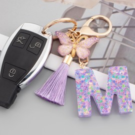 Suweibuke Cute Pink Key Chains for Women Girls, Initial Letter Keychains with Tassel, Charms for Key Purse Handbags Backpacks (Purple Butterfly Letter-M)