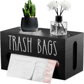 Trash Bag Dispenser, 13 Gallon Wall Mount Trash Bag Holder Dispenser with Lid Wooden Kitchen Trash Bag Roll Organizer Plastic Garbage Bag Storage for Cabinet. (Black)