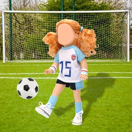 UPINS 18 Inch Girl Doll Clothes Accessories Team USA 8 Piece Soccer Uniform Clothing Includes Headband, Hair Bands Bracers Shirt Shorts Socks Shoes and Football Fits 18 inch Doll for Children's Day