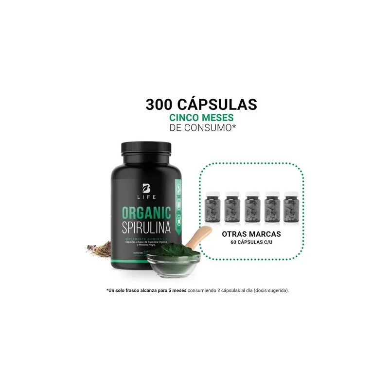 Espirulina Organica De 300 Cáps 500mg Alga Spirulina. B Life