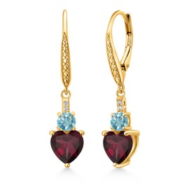 Gem Stone King 18K Yellow Gold Plated Silver Red Rhodolite Garnet Blue Zircon and White Lab Grown Diamond Drop Dangle Earrings For Women (4.03 Cttw, Heart Shape 7MM, Round 4MM)