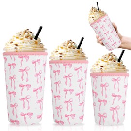 SiliFine 3 Pack Reusable Coquette Bow Sleeves for Iced Coffee Cup Neoprene Pink Bow Coffee Sleeve Insulated Neoprene Cup Holder for Cold Beverages Iced Hot Drinks(Bow)