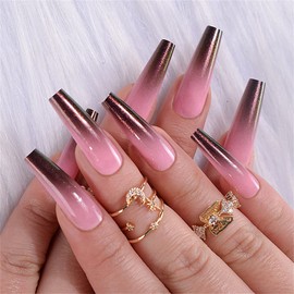 Gradient Color Long Coffin Press On False Nails Medium Length Full Cover Acrylic Fake Nails Ballerina Nails for Women Lady Nail Salons and Home DIY Nail Art 24PCS (LF555 Pink)