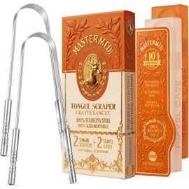 Raspador de lengua con estuche de viaje, 2 unidades, combate el mal aliento, grado médico, 100% acero inoxidable, ideal para el cuidado bucal, limpiador de lengua para adultos y niños, fácil de usar con mango no sintético