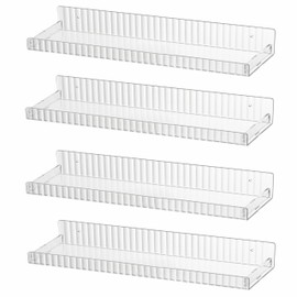 IEEK Acrylic Floating Shelves Display Ledge,15 inch Clear Wall Mounted Storage Shelf with Detachable Baffle for Kitchen/Bathroom/Living Room/Office,Kids Wall Bookshelf and Spice Rack,Set of 4