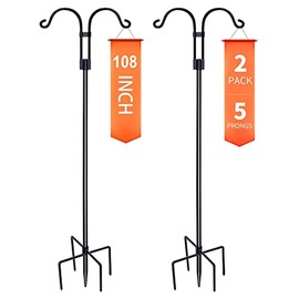 Double Shepherds Hooks for Outdoor, 2-Pack Heavy Duty Two Sided Garden Pole for Hanging Bird Feeder, Plant Baskets, Solar Light Lanterns, Garden Plant Hanger Stands with 5 Base Prongs （108 inch）
