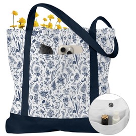 Miss Adola Canvas Tote Bag with External & Inner Pocket - for Women Girls Aesthetic Large Canvas Tote Bag Inspired Gift Cotton Cloth Tote Bag for Shopping, Gym, Work, Travel, Vacation, Blue LineFlower