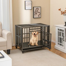 Giantex Foldable Metal Dog Crate - Heavy Duty Dog Cage with Top and Front Doors, Feeding Access, Removable Tray, Lockable Wheels, Chew Proof Dog Kennel Indoor Outdoor, 37''L x 23''W x 30''H, Black