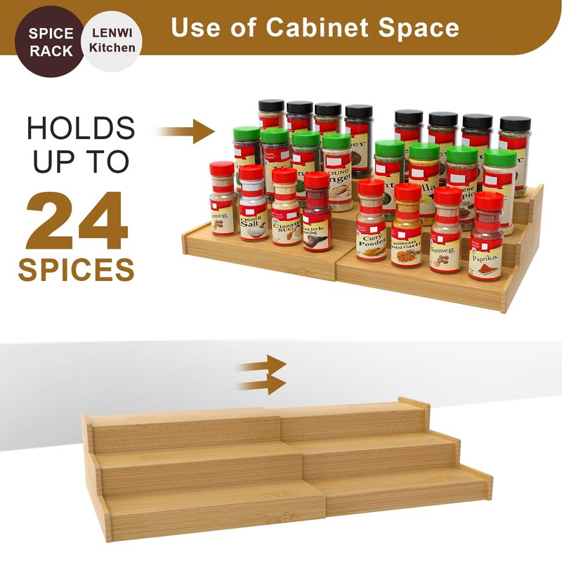 Lenwi Spice Rack Organizer for Cabinet, 3 Tier Expandable Bamboo