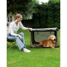 Deekuiwi 33-Inch Collapsible Travel Dog Crate, Portable 4-Door Soft Kennel for Medium to Large Dogs, Chew-Proof Mesh Windows, Indoor/Outdoor Use, Foldable, with Storage Bag (Green)