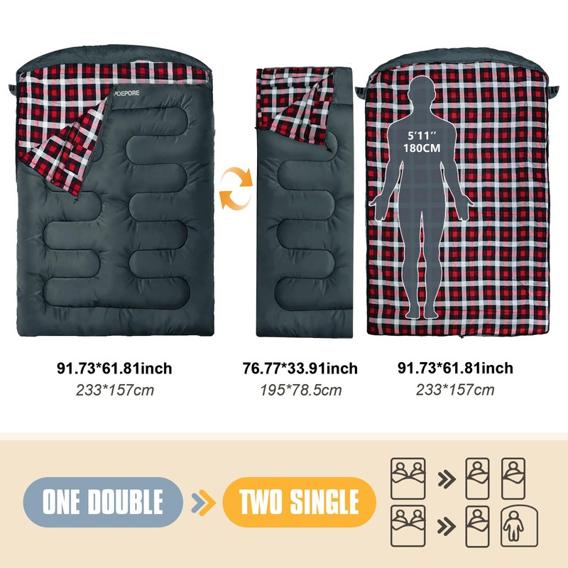 POEPORE Double Sleeping Bag Flannel for Adults with 2 Pillows
