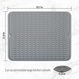Silicone Dish Drying Mat, Non-Slip Easy Clean, Heat-resistant Silicone Mat for Kitchen Counter or Sink, Refrigerator or Drawer Liner Grey 16 inches x 12 inches