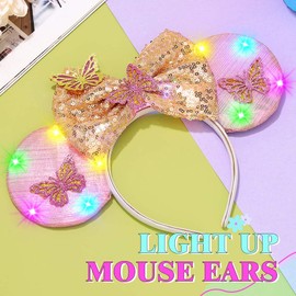 JONKY Light Up Mouse Ears Headband Butterfly Princess Hair Bow Costume Hair Accessories for Women (Beige)