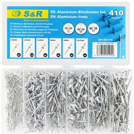 S&R Aluminium Blind Rivets Set, 410-Piece Assortment, Corrosion-Protected, 6 Sizes in Box, 2.4 x 6 mm, 3.2 x 6 mm, 3.2 x 8 mm, 4 x 6 mm, 4 x 8 mm, 4.8 x 10 mm, Flat Round Head, Pop Rivets,