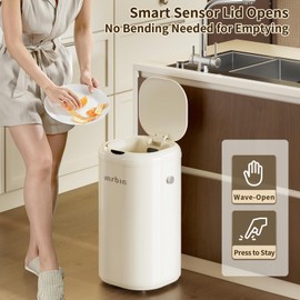 MRBIN Metal Motion Sensor Tall Kitchen Trash Can with Lid and Wheel, 8 Gallon Automatic Garbage Pail Touchless, Electric Covered Waste Basket for Bedroom, Rv, Office, Restroom, Cream White