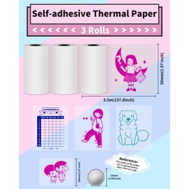 Phomemo Thermal Paper for Mini Printer, Sticker Printer Paper Roll for Photos, Notes, Memos and DIY, Transparent Background, Pink/Blue/Green Text, 3 Rolls