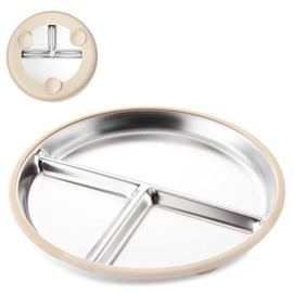 lianhuashan 9 Inch Stainless Steel Dinner Plates,Non-Slip Silicone Suction Base Stainless Steel Divided Plates for Adults,Portion Control,No Mixing Flavors, Durable & Easy Clean (Beige)