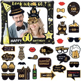 POPOYU 60th Photo Props for 60th Birthday, Pack of 33 Photo Props and Inflatable Frame, Photo Box Accessories, Birthday for 60th Birthday, Men, Women Decoration, Photo Frame Party Photo Booth Props