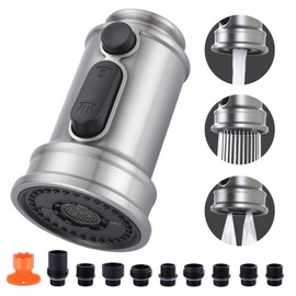 Kitchen Faucet Sprayer Head Replacement, 3-Function Pull Down Spray Head for Kitchen Faucet with 9 Adapters, Brushed Nickel Pull Out Faucet Spray Nozzle Compatible with American Standard