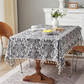 Tootop Boho Tablecloth Euro Floral Cotton Linen Gray Printed Tablecloth with White Tassel Lace, Wrinkle Resistant Shrinkage Resistant, Suitable for All Styles Dining Room Kitchen (55 X 70 Inch) Gray