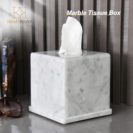 HAMAKAWA Natural Marble Tissue Box Cover, Carrara White Tissue Organizer 6 X 6 X 5.7 Inch, Heavy Stone Decorative Box, Square Tissue Box Holder for Home Decor, Kitchen, Bathroom, Bedroom