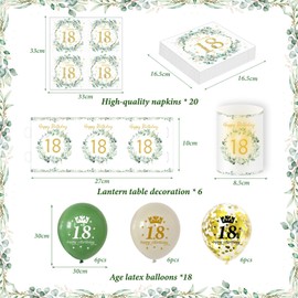 Deko 18. Geburtstag Jungen Mädchen, Eukalyptu 18th Happy Birthday Decoration Servietten+Windlicht Tischdeko+Konfetti+Luftballon Grüne Gold, 18 Geburtstag Deko Mädchen Jungen (18th Birthday Tischdeko)