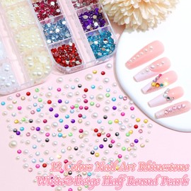 RODAKY Colorful Nail Rhinestone Flatback White Beige Nail Art Pearls Resin Crystal Gems for Acrylic Nails Mix Size Pearl Beads Nail Decoration Craft DIY Accessories