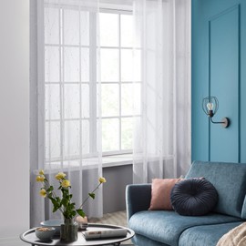 Deconovo Sheer Voile Curtains, Linen-Look Eyelet Curtains, 145 x 140 cm, White, Set of 2