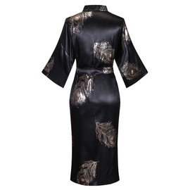 Valennia Women Long Silky Bathrobe Satin Kimono Robe Floral Printed Dressing Gown Sleepwear Black and Feather