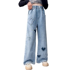AOWKULAE Girls Heart Print Baggy Jeans Stretch Waist Wide-Leg Jeans, A2-Blue Heart, 13-14 Years = Tag 170