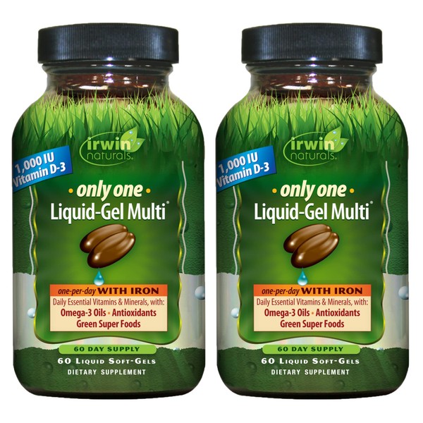 Irwin Naturals Only One Liquid-Gel Multi with Iron - 60 Liquid Soft-Gels, Pack of 2 - Omega-3 Oils, Antioxidants & Green Super Foods - 120 Total Servings