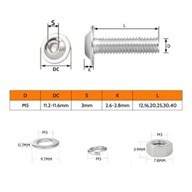 HAISHANG 10 Pcs M5 x 12mm Flanged Button Head Socket Cap Bolts, 304 Stainless Steel Nuts and Bolts Set, Allen Screws with Flat & Lock Washers Assortment Kit
