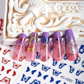 12 Colors Butterfly Nail Art Stickers, 3D Butterfly Self-Adhesive Sticker Design, Laser Gold Silver Red Black White Pink Yellow Green Butterflies Nail Transfer Decals for Women Manicure Decorations